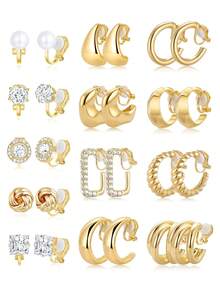 13pcs Women's Clip-On Earrings Set, 14K Gold/Silver Plated Thick Hoop Clip Earrings With Zirconia, Pearl, Knot, Twist, Teardrop, Croissant Elements, No Piercing Needed, Earring & Stud Jewelry Set