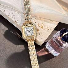 1件装女士坦克系列方形水钻合金表壳罗马数字表盘经典流行时尚石英表 - 金色 - 查看 5