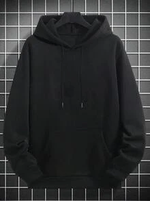 Simple Studio | Men's Solid Color Drop Shoulder Long Sleeve Drawstring Pocket Casual Hoodie, Autumn/Winter, Back To School Season - Black - View 3