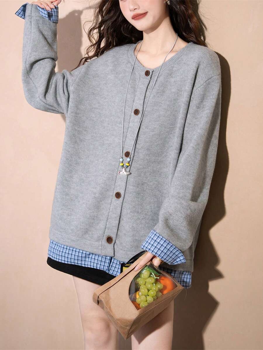 Alicedudu Women's Spring Casual Plaid Patchwork Faux Two-Piece Round Neck Knit Cardigan Sweater - Grey - View 1