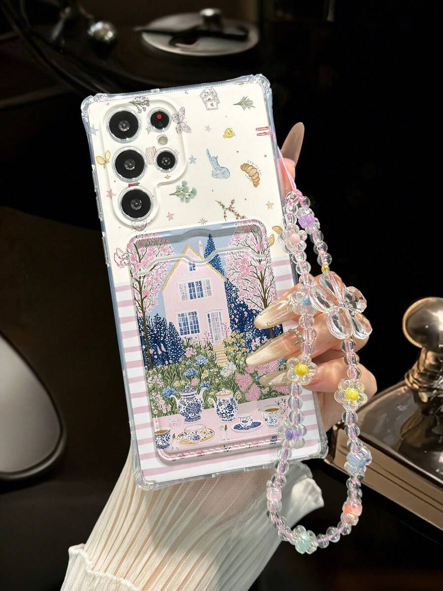 1pc Floral Painted Transparent Card Holder Wallet With Strawberry Bracelet, Thick Shockproof Phone Case Compatible With IPhone 17/17Pro/17ProMax/16/11/16Pro/16Plus/16ProMax, Galaxy S25/S25Plus/S25 Ultra/A16/A36/A26/A56/A50, 11/12Pro/12/12X/13Pro/14Pro/15Pro/X3Pro, Redmi 10/9/Note9/12C/Note11Pro/Note8Pro/9C/9A - Multicolor - View 1