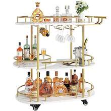 Muebles de bar, carritos de vino, estante para botellas de 3 niveles, ovalado, base blanca, carrito Deesert, estructura de metal dorado, construcción de gres porcelánico y metal, dimensiones 94 * 87 * 40 - Oro blanco - Ver 3