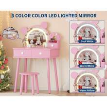 Tocador Infantil de Madera con Luces y Espejo, Juego de Maquillaje para Niñas con Cajones, Regalo para Princesitas - Rosa - Ver 5