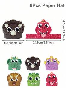 6顶恐龙生日帽，多种颜色恐龙图案纸质装饰派对帽，恐龙主题派对装饰帽，生日快乐派对帽，节日庆典派对头饰，性别揭晓派对装饰，婴儿派对装饰，派对装饰，可调节派对帽，生日派对摄影道具，生日装饰，生日礼物，派对小礼品 - 恐龍 - 查看 10