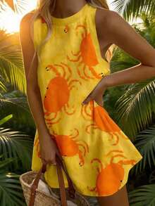 Sea Starshine 2025 Women's Fashionable, Elegant And Sexy Sleeveless Yellow Random Crab Print Dress, Spring/Autumn - Yellow Orange - View 7