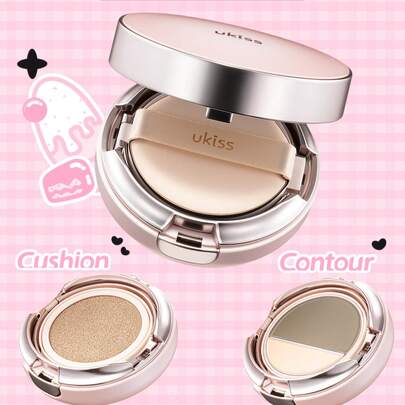 ukiss Bảng phấn tạo khối và bắt sáng 3 trong 1 hai lớp xoay tròn, lớp trên là kem nền dạng cushion, lớp dưới chứa phấn bắt sáng, che khuyết điểm và tạo khối, kiểm soát dầu và lâu trôi, tạo lớp trang điểm lì rạng rỡ, làm đều màu da, cần thiết cho trang điểm hàng ngày, kem nền dạng cushion 11g + phấn tạo khối 2.4g + phấn bắt sáng 1.2g