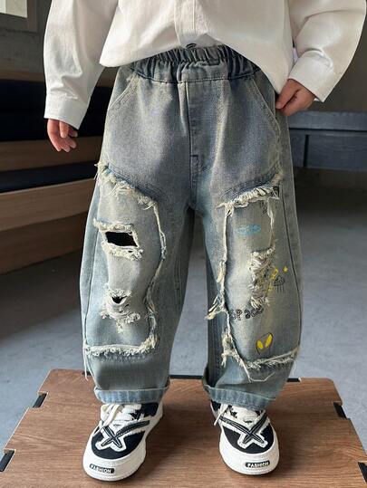 男童宽松直筒破洞牛仔裤，适合日常、上学、休闲和户外活动穿着，秋季款