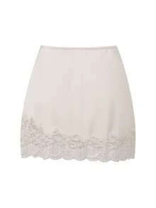 Womens Lace Trim Mini Skirt Casual Loose Fit Stylish Solid Color High Waist Short Skirt For Daily Life Club Party And More - 杏色 - 查看 2