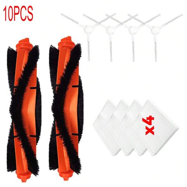10-Pack Accessories Kit Compatible With Xiaomi Robot Vacuum S20 E10 E12 B112 C103 Mijia 3C Plus / 3C Pro - Includes 2 Main Brushes, 4 Side Brushes, 4 HEPA Filters