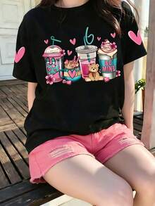Tween Girls' Cartoon Bear Print Round Neck Loose Casual Short Sleeve T-Shirt - Black - View 1
