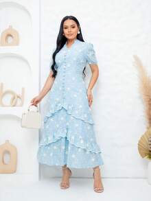 Women's Maxi Dress With Embroidered Appliqués, Puff Sleeves, Layered Skirt, V-Neck, Faux Buttons On The Bust, Elegant, Romantic And Perfect. - 淺藍色 - 查看 12