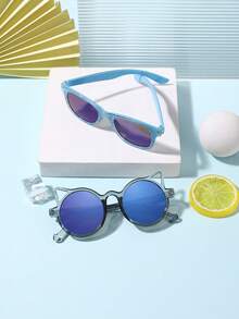 1 Set 2 PCS Boy's And Girl's 6-10Y Square And Round Cat Ears Frame Blue Fashion Glasses For Holiday Vacation With Glasses Box - Multicolor - View 4