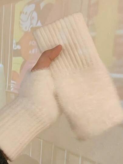 1 par de nuevos guantes sin dedos de lujo de lana de cachemira, para mujer - súper suaves y esponjosos, guantes sin dedos cálidos de punto, con puño, compatibles con pantalla táctil, diseño de moda de unicolor, adecuados para escribir en la oficina, estudiantes y uso diario en interiores/exteriores, con forma ajustada a la mano, proporcionan protección antideslizante.