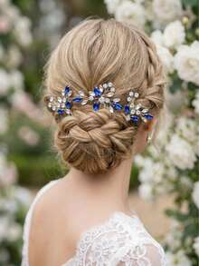 3件套新娘发夹套装，水晶编织婚礼发饰，情人节配饰 - 寶藍色 - 查看 2