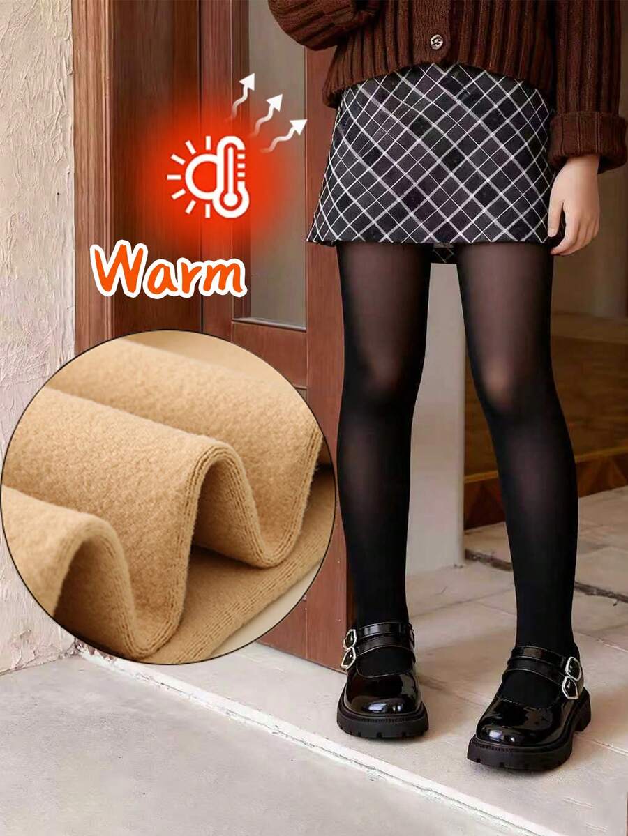 1/2pcs Girls Thermal Lined Tights, Warm & Comfortable Black Sheer Tights, Thick Thermal Leggings, Soft & Casual Stirrup Tights, Suitable For Back To School, Daily Wear, Outdoor Skiing, Dance Practice, Birthday Party, Holiday Gift - Black - View 1