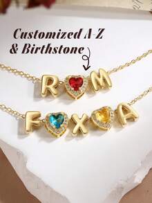 1pc Personalized Gold-Plated Double Balloon Letter Heart-Shaped Birthstone Pendant Necklace, Mother's Day Gift, Customized Letter Heart Necklace, Couple Necklace, Anniversary Necklace - Pink - View 1