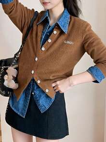 Alicedudu 女士春季高档纱线圆领针织开衫，优雅款式 - 棕黃 - 查看 5