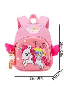 1 pieza Mochila escolar de dibujos animados linda para estudiantes de secundaria, patrón de poni ligero, reduce la carga, con colgante de conejo, esencial para el regreso a la escuela - Rosa - Ver 11