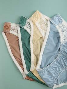 4pcs/Pack Women's Shiny Lace Bikini Panties, Mid-Waist Bow Decor Comfortable Underwear, Suitable For All Seasons - Multicolor - View 4