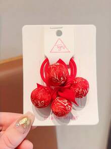 2pcs Girls Cute Cartoon Hair Scrunchies, Chinese Red Embroidery Pom Pom Hair Ties For Buns, Ponytails, Daily Wear - Multicolor - View 8