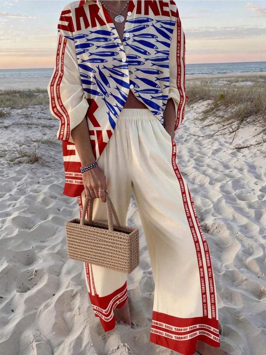 波西米亚风女士休闲舒适沙滩家居服两件套，沙丁鱼印花，春夏款
