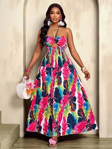 Sexy And Elegant Women's Long Dress With Random Floral Patterns - Hot Pink - View 2