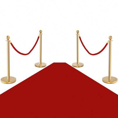  COSTWAY 4 PCS Gold Stanchion Posts, Crowd Control Stanchion With Non-Slip And Stable Base, Gold Stanchion Set With 4 Stainless Steel Posts And 2  Ropes For Theater, Wedding And Exhibition, Gold