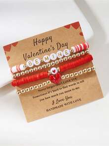 4/5/6pcs Valentine's Day LOVE Bracelet, Multi-Layer Rose, Couple Pink Heart Envelope, Soft Clay Beaded Elastic Bracelet, Valentine's Day Gift - Red - View 7