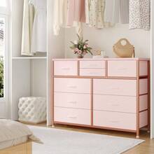 Cómoda de sauce negro para recámara, cambiador ancho y cómoda para clóset, soporte de TV de 47 pulgadas con gran almacenamiento, cómoda de tela larga de 10 cajones con marco de metal para - color: rosa - Ver 7