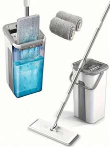 一套平板拖把桶套装，包含2个超细纤维拖把垫，易拧干，干湿两用，适用于清洁复合地板、实木地板、瓷砖地板，白色