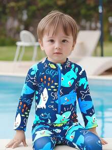 Baby Boys Print One-Piece Rash Guard, Long Sleeve Swimsuit, Quick Dry Beach Outfit For Spring/Summer Swimming Pool & Beach - Navy Blue - View 2