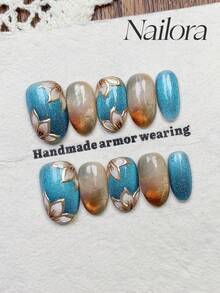 10片手工椭圆形亚克力美甲贴片，短款，简约青蓝色渐变美甲，闪亮亮泽猫眼美甲，手绘简约金属花朵，镶嵌小钻石，简约优雅奢华春季美甲，极简美学夏季美甲贴片，多功能美甲DIY假指甲，适合派对、日常、约会、工作场合，可重复使用，送给女性和女孩的礼物，美甲用品，手工美甲贴片 - 彩色 - 查看 3