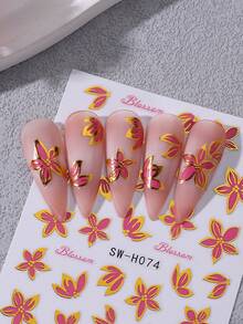 2片装红色花朵美甲贴纸，自粘式DIY花朵装饰贴花，金色边缘，美甲装饰配件，适合女性女孩DIY春季美甲设计，美甲用品 - 彩色 - 查看 7