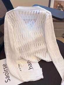 V-Neck Short Lightweight Hollow-Out Knit Cardigan, Spring/Summer - White - View 2