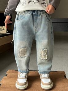 幼儿/小男孩宽松版型做旧口袋休闲时尚厚款牛仔裤，秋季款 - 淺藍色 - 查看 3