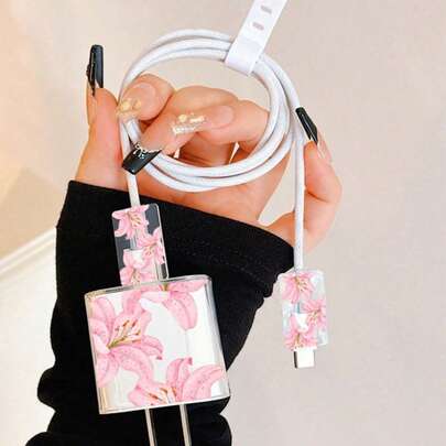 Cute Pink Lily Flower Charger & Data Cable Protective Case Set - Suitable For 20W Charger, Shockproof And Durable Phone Accessory