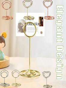 1-20pcs Mini Gold Metal Wire Table Number Holders, Elegant Curly Design, Suitable For Holiday And Party Supplies, Cute Curly Shape With Safety Clips, Can Be Used To Hold Place Cards, Menus And Photos, Perfect For Valentine's Day Dinner - Gold - View 5