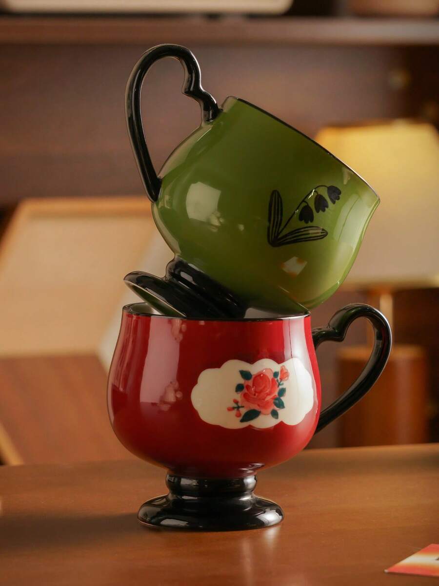 DearDali 1 pezzo Tazza da caffè in ceramica vintage con motivo floreale francese, tazza originale con stelo alto, tazza creativa con manico a forma di cuore, adatta per uso domestico, ufficio e feste, tazza da tè in ceramica di alta qualità per latte e caffè - Multicolore - Visualizzare 1