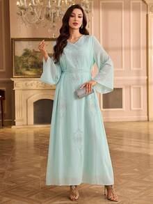 Rhinestone Embellished V-Neck Long Dress, Elegant Formal Gown With Long Sleeves - Mint Green - View 4