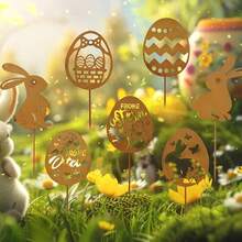 7件套复古铁艺兔子花园装饰，自然锈蚀效果，户外花盆悬挂景观插杆，复活节金属雕塑，铁质插杆，无需电源或电池，是户外、花园、阳台节日装饰的理想之选。 - 鏽棕色 - 查看 5