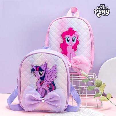  1pc My Little Pony Fashionable Girls Backpack - Cute Bow & Pony Design, Quilted Plaid And Dreamy Big Bow, Available In Pink/Purple, Perfect Gift For Halloween, Christmas And Back To School