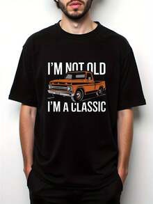 Camiseta gráfica vintage de camión para hombres LocalMens - Eslogan 'No soy viejo, soy clásico'. Camiseta de cuello redondo% algodón 180gsm. Camisa Casual de Manga Corta de Ajuste Regular para Todas las Estaciones. Impresión Retro Negra; Diseño Naranja. Camiseta Retro Comodidad diaria. Ropa humorística. Estiramiento medio cómodo - Negro - Ver 1
