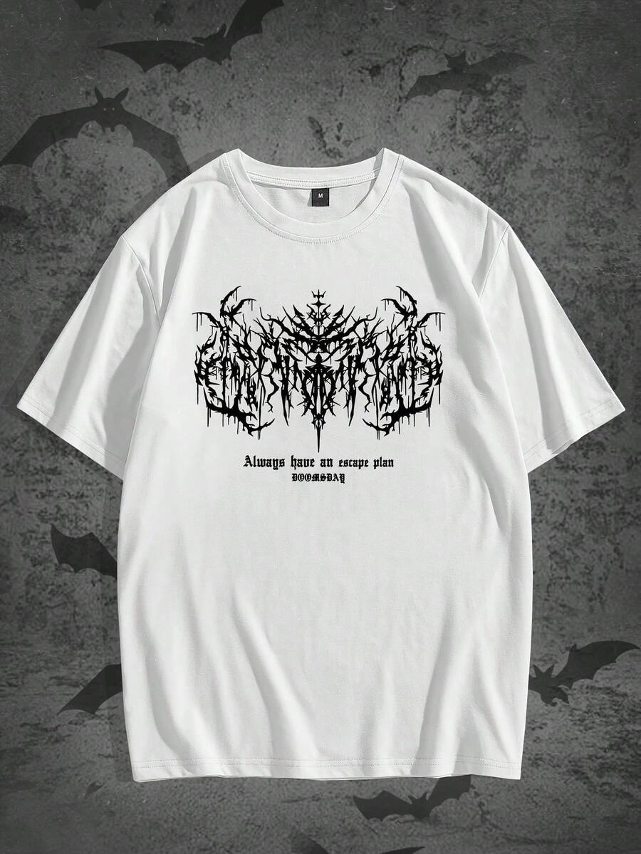 Camiseta Casual de Manga Corta para Hombre con Estampado Geométrico Gótico Oscuro - Camiseta de Cuello Redondo de Verano en Beige Claro, Corte H para Atuendo Casual, Ropa de Fácil Cuidado, Tela No Transparente - Blanco - Ver 1