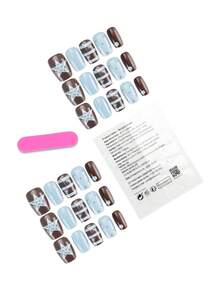 30 de autocolante pentru unghii, pătrate scurte/dungi albastre și maro, imprimate cu stele și buline, sporesc eleganța după utilizare, vin cu gel jeleu și benzi adezive, potrivite pentru lipire cu polygel, reutilizabile, pentru uz zilnic, unghii, consumabile pentru unghii - Multicolor - Vizualizare 2