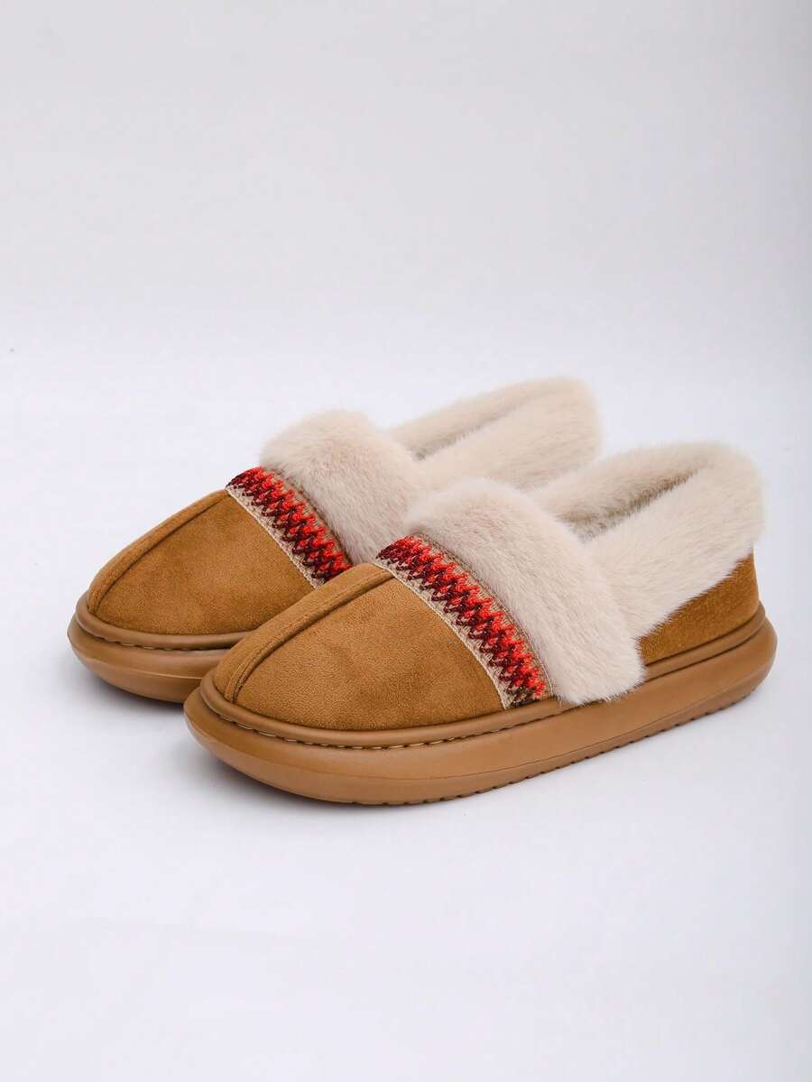 男女冬季保暖雪地靴，毛绒内衬女士冬季踝靴，室内/室外舒适情侣拖鞋学生宿舍拖鞋和冬季厚底靴，女士冬季休闲鞋和冬季服装。情人节礼物。 - 深棕 - 查看 1