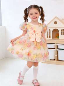1pc Young Girl Cute Luxurious Sweet Princess Floral Butterfly Print Tulle Ruffle Bow Decor Puff Sleeve Tutu Dress, Party, Birthday, Performance, Holiday, Suitable For All Seasons - Champagne - View 2