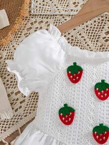 Vestido de niña de longitud hasta la rodilla, de unicolor, con mangas de princesa y dobladillo acampanado, con decoración de frutas en 3D, adecuado para primavera/verano - Blanco - Ver 5