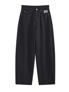Quần jeans dáng rộng kiểu Hàn Quốc, thiết kế mới với họa tiết thêu chữ màu hồng, cạp cao, ống loe ôm dáng, màu đen, phong cách thường ngày, thích hợp cho mùa xuân. - màu đen - Xem 4