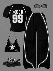 Teen Girl Numeric Print Short Sleeve T-Shirt And Pants Set - Black - View 1