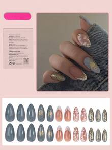 24 miếng dán móng tay hình hạnh nhân cỡ trung bình, móng kiểu Pháp màu xanh dương với kim tuyến vàng, họa tiết mặt trời và ngôi sao, phong cách tối giản, phù hợp cho phụ nữ và bé gái sử dụng hàng ngày, phụ kiện làm móng theo phong cách lễ hội Trung Đông. - Nhiều màu - Xem 2